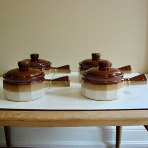 Set of 4 French Onion Soup Bean Chili Bowls Crocks With Handles Lids